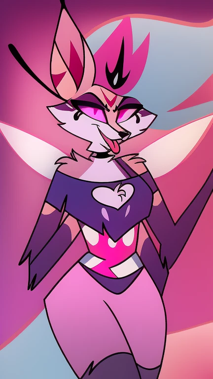 (masterpiece, best quality:1.2), Queen Bee female hellhound, wolf, furry, helluva boss, hypnotized with glowing purple eyes, tongue out, carrying weapons in all four hands