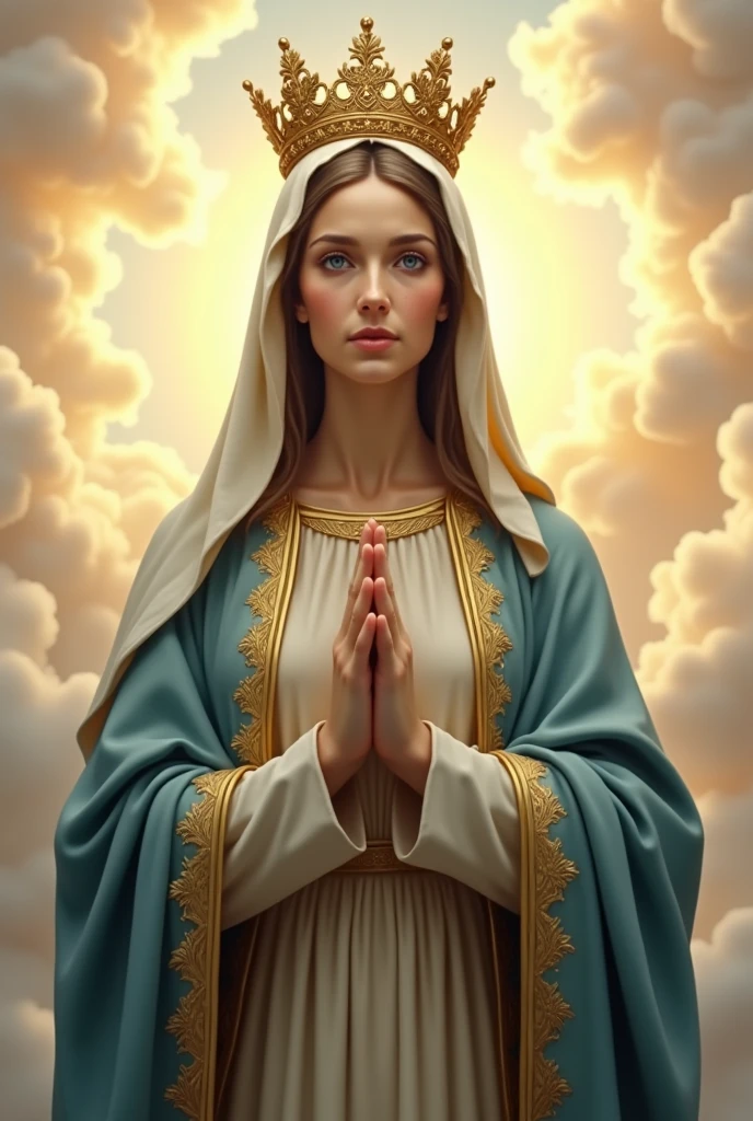 Perfect hand 5 finger, Portrait of a beautiful virgin mary wearing gold clothes of crown queen in the clouds, virgin mary, real blue eyes, sunny day, intricate details.real virgin mary, straight head face, Straight body.Prayer virgin mary, perfect full body, perfect hands finger,Prayer virgin mary, praying virgin mary backgrounds natural photographic