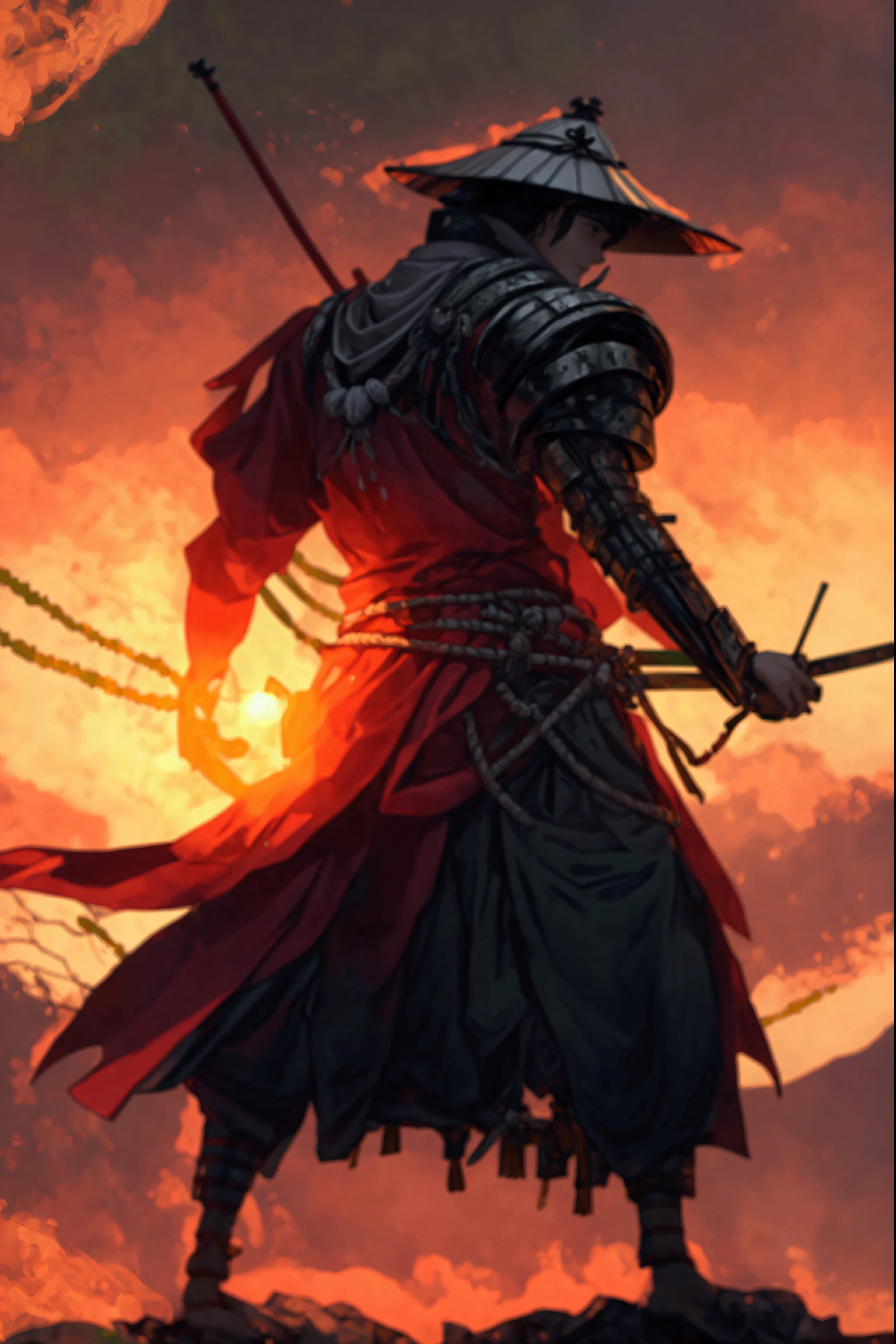male, lean build, feudal Japan era, wearing a gi, leather plates on shoulders, leather plates around legs, wrapped tabi footwear, tachi, cloth around mouth, conical rice hat, leather chest armor, rice hat on head, white and green kimono, close-up shot, stern eyes, swirling green fire, (very large) rice hat atop head, green and white color scheme,