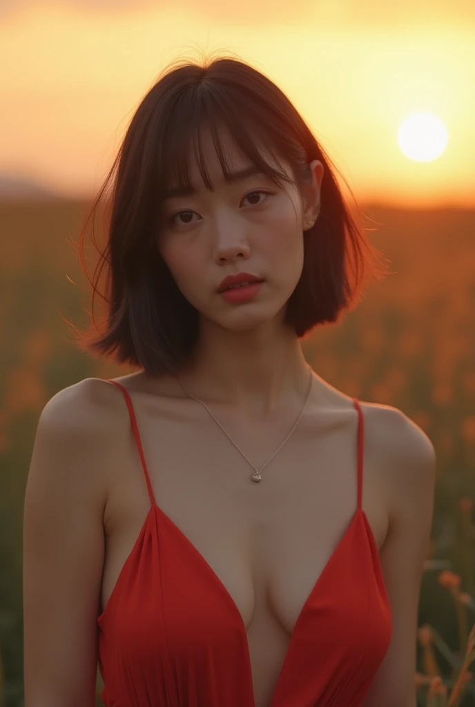 (Best quality, 8k, 32k, Masterpiece, UHD:1.2), NSFW, Photo of Pretty Japanese woman, large breasts, concise bob hair, upper body, face focus, maxi dress, no bra, simple background, cinematic lighting, sunset, from above, looking at the viewer,