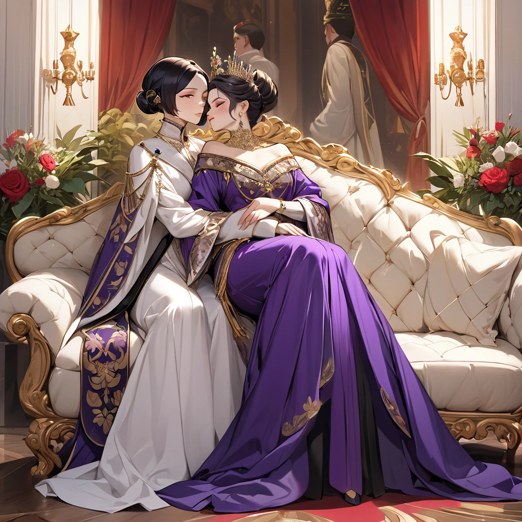 ((Highest quality)), ((masterpiece)), (detailed), (Perfect Face)、The woman is Shinobu Kocho, a Russian with black hair with purple gradient ends, tied in a bob hairstyle, an elegant, graceful and beautiful Russian noblewoman, and the Empress of the Great Russian Empire.、The woman is beautifully dressed in the gorgeous, glittering gold-colored Russian court dress of an ancient Russian empress, accessorized with luxurious accessories and kokoshniks.、The woman is standing next to a great and dignified old Russian emperor.、The woman is sitting on a luxurious sofa in the palace hugging and kissing the great old Russian emperor.