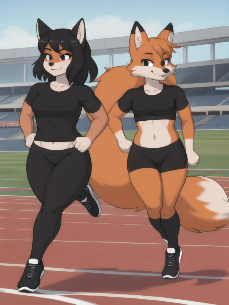 Furry, fox, female, black shirt, black leggings, shoes, running track, friends, full body