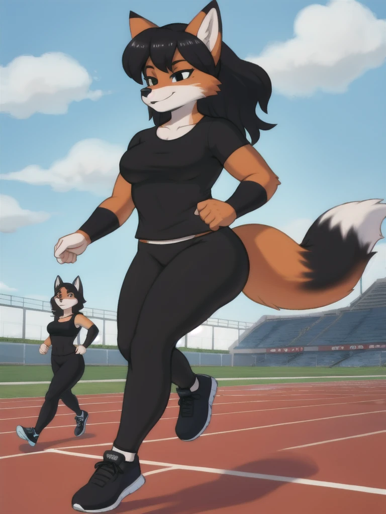 Furry, fox, female, black shirt, black leggings, shoes, running track, friends, full body