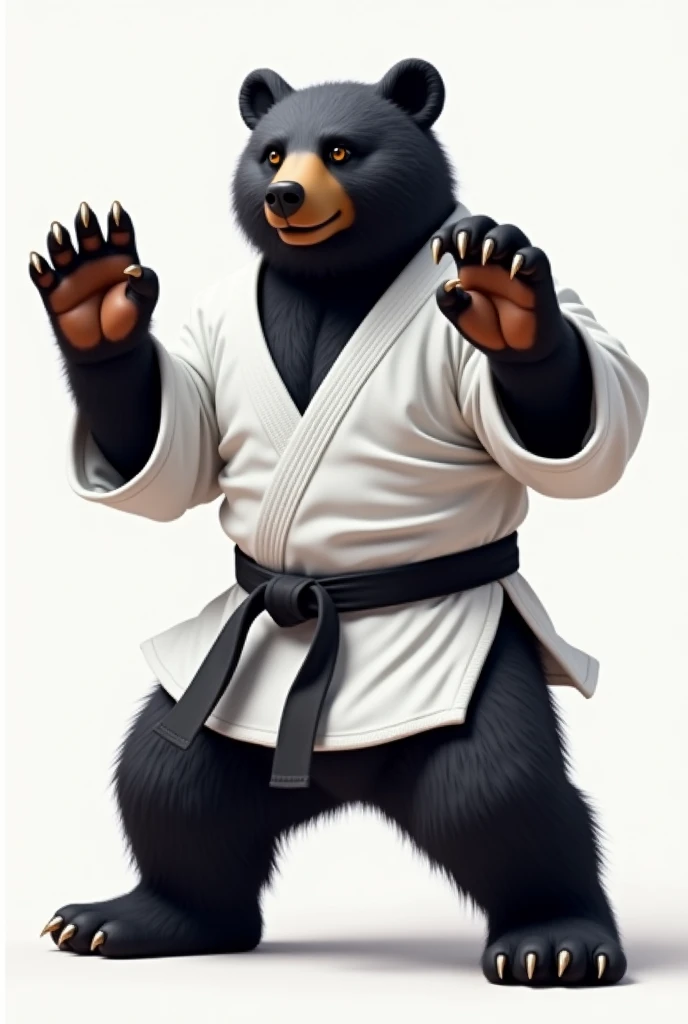 Japanese black bear wearing a white judo suit,black belt,Both paws raised to intimidate opponent,A ferocious bear,full body,standing,simple background,High quality, realistic, 8K