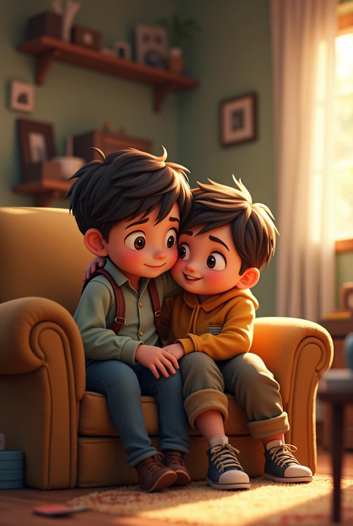 Two boys are sitting on a single sofa one above the other and that sofa is in a room