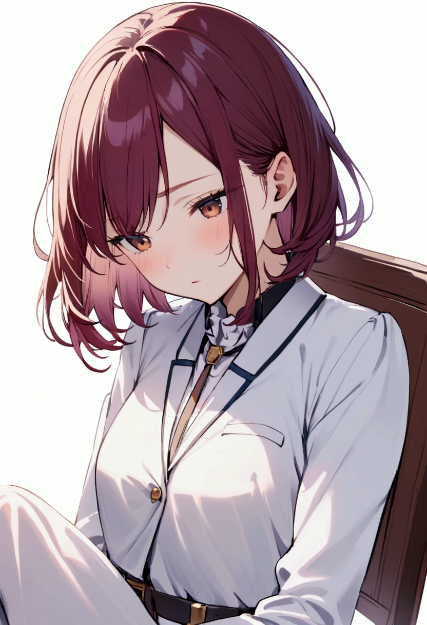 age girl, tidy hair, short length hair, maroon hair, Brown eyes, posture of elegance, sitting in a chair, face neutral, white shirt, school blue jacket, cross legs