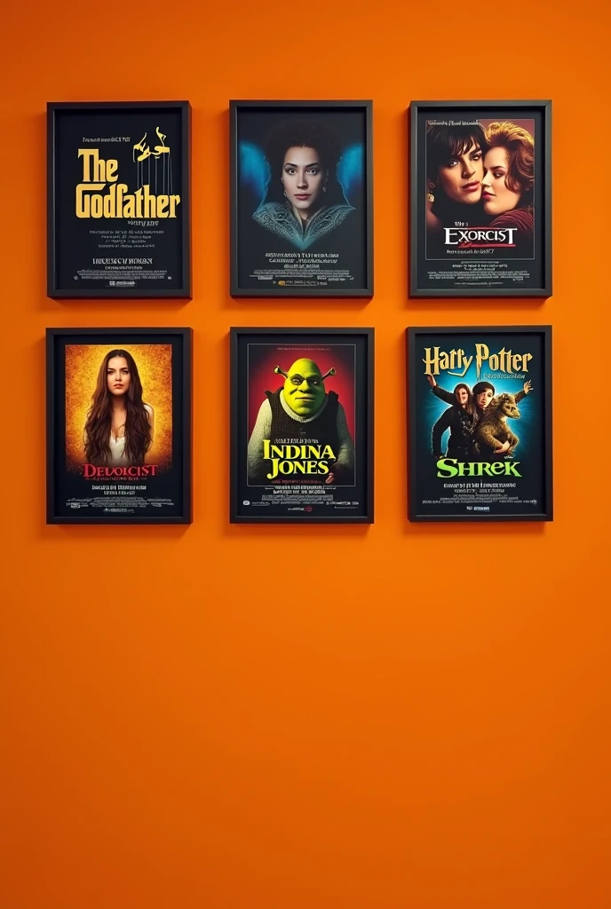 i need a beckground for a video. The format is 9:16, is just an orange wall with movie posters that are the same size. The movies are: the godfather (1972), mean girls (2004), the exorcist (1973), indiana jones (1980), shrek (2000) and harry potter and the chamber of secrets