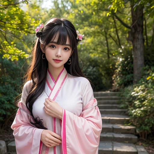 best quality, Delicate face,beautiful visual work, lifelike, eternity, black hair, Long curly hair, blunt bangs, Smile, Detailed Background, Delicate face,blush,cold,((masterpiece))、(top quality)、8k、high detail、Super detailed,31-year-old female,身穿唐制Hanfu、waist skirt, Clothes are light and fluffy,Hanfu, wide sleeves, Transparent sleeves, Tunic, Clothes made of chiffon, masterpiece、born、Scenes resembling fairy tale illustrations、intricate details和複雜的設計、Beautifully、magic、capricious、 Beautifully、Dream aesthetics、「𝓡𝓸𝓶𝓪𝓷𝓽𝓲𝓬、ethereal、charming、fickle、magic」、realism、Visual effects、FXAA、SSAO、Shader、voiceless、ambient lighting、Tone mapping、High resolution、Ultra high quality、Million pixels、(8K resolution:1.10)、8k、8k以下、8K resolution、high detail、intricate details, (high quality:1.2、masterpiece:1.2、:1.21)、(31-year-old female:1.21)、(興奮地Smile)、(被dream般的氛圍所包圍、Model diagram,full-body shot,Normal 2 feet,Put your hands behind you,The protrusion of the breast is visible when wearing clothes, Large Breasts, H cup chest, antiquity, Xian Xia, gauze clothes, Soft and fluttering, Fairy, dream, fantasy, light, Elegant, nature, Immortal, romantic, classical, ribbon, pink clothes, in tall woods, In the woods like a martial arts drama, Don't show your fingers
