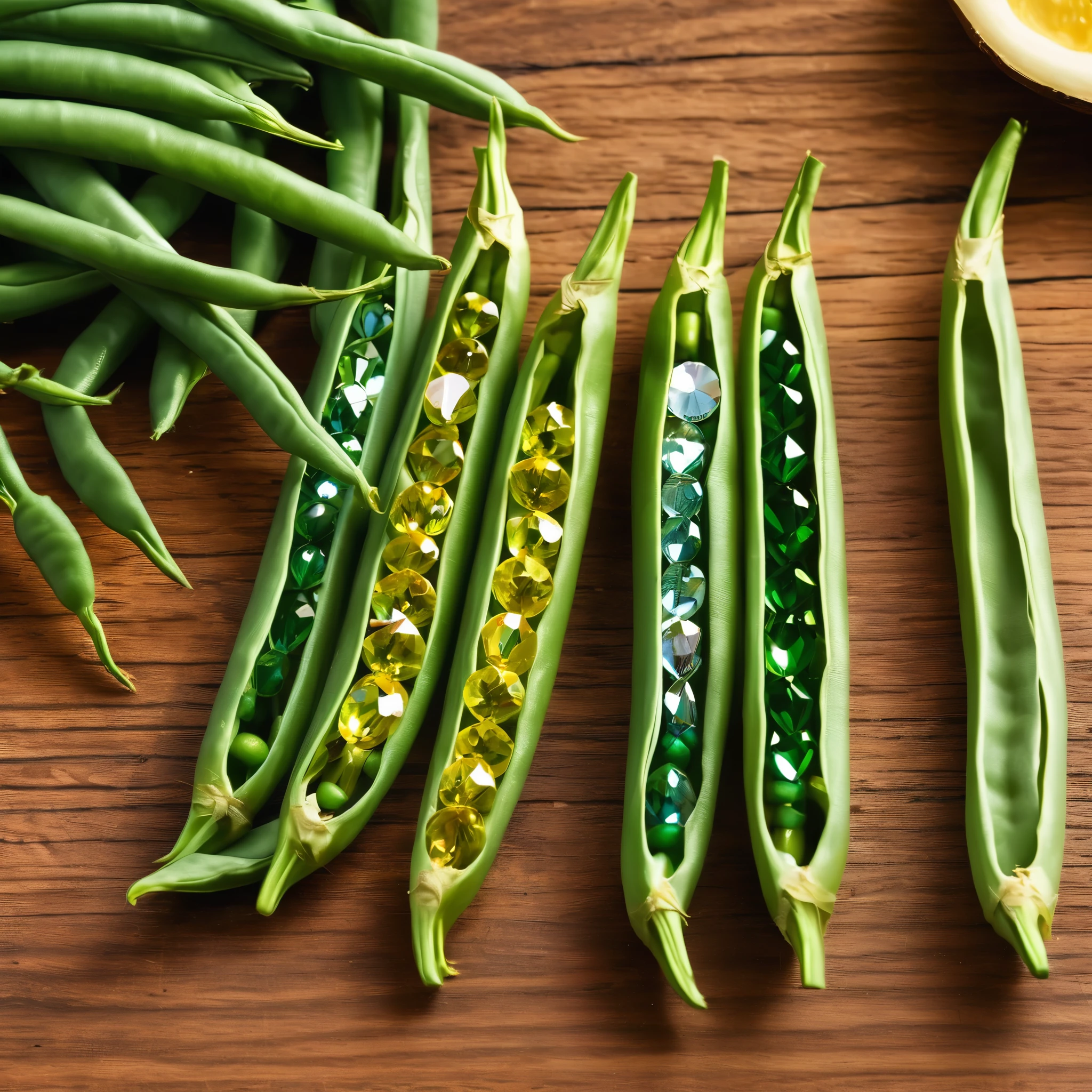 One string bean One string bean（long strip）green green beans，A realistic picture of a row of four brilliant diamonds in four colors is revealed inside，((best quality, 8K, masterpiece:1.3))