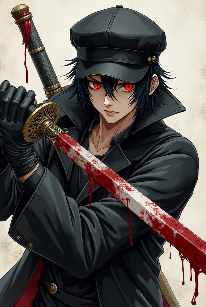 Light skinned, 25 years old Possessed swordsman with red pupils and SHORT black hair wearing a black leather cap, black trenchcoat, black, blood stained gloves and holding a blood stained Odachi (drawing style, not humanized)