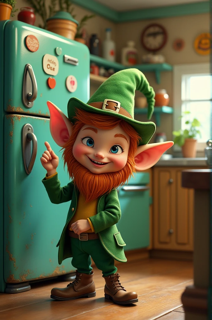 A leprechaun putting magnets on a fridge that say sticky memories 
