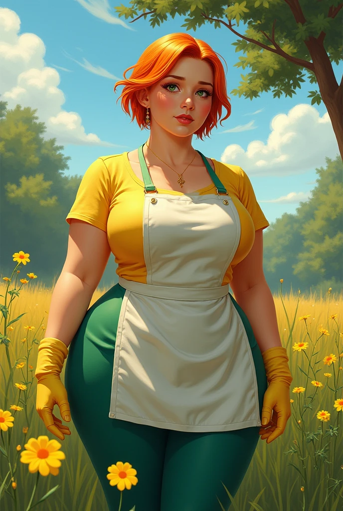 (masterpiece, best quality:1.2), mom (dexter's laboratory), 1girl, solo, apron, jewelry, earrings, gloves, breasts, wide hips, makeup, lipstick, thick thighs, curvy, shirt, large breasts,thighs, short hair, orange hair, short sleeves, mature female, lips, yellow gloves, elbow gloves, green pants, flower, outdoors, yellow flower, tree, standing, field, grass, nature, sky, day, cowboy shot, forest, scenery , desnuda