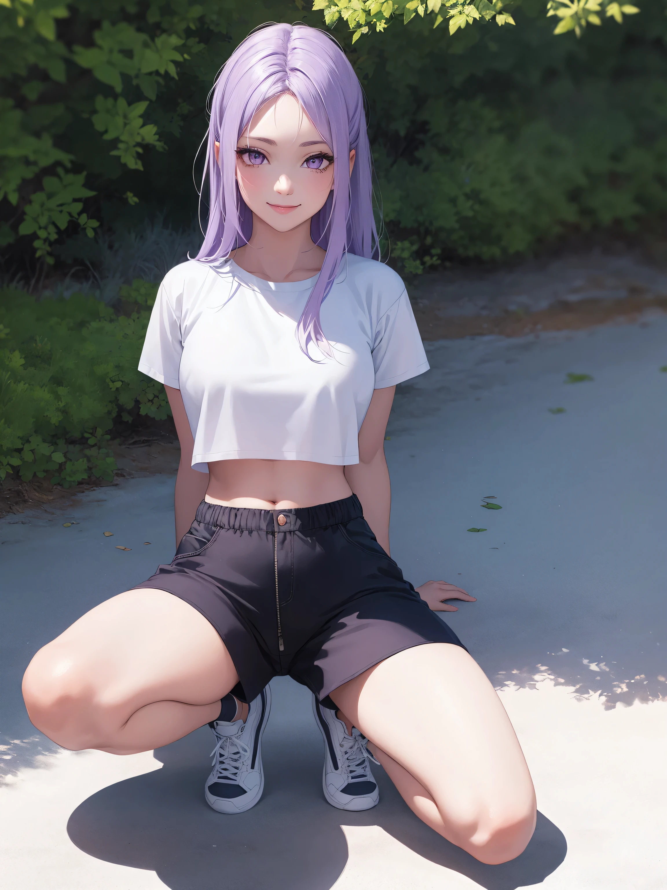 (extremely detailed CG unity 8k wallpaper),(masterpiece),(best quality),(ultra-detailed),(best illustration),(best shadow),1girl, solo, purple eyes, looking at viewer, long hair, closed mouth, purple hair, bangs, outdoors, sidelocks, pale skin, no pupils, pretty, full body, wearing a white cropped t-shirt, black shorts, small breasts, 34 years old, adult, smiling, hair down, mature, athletic shorts, crop top