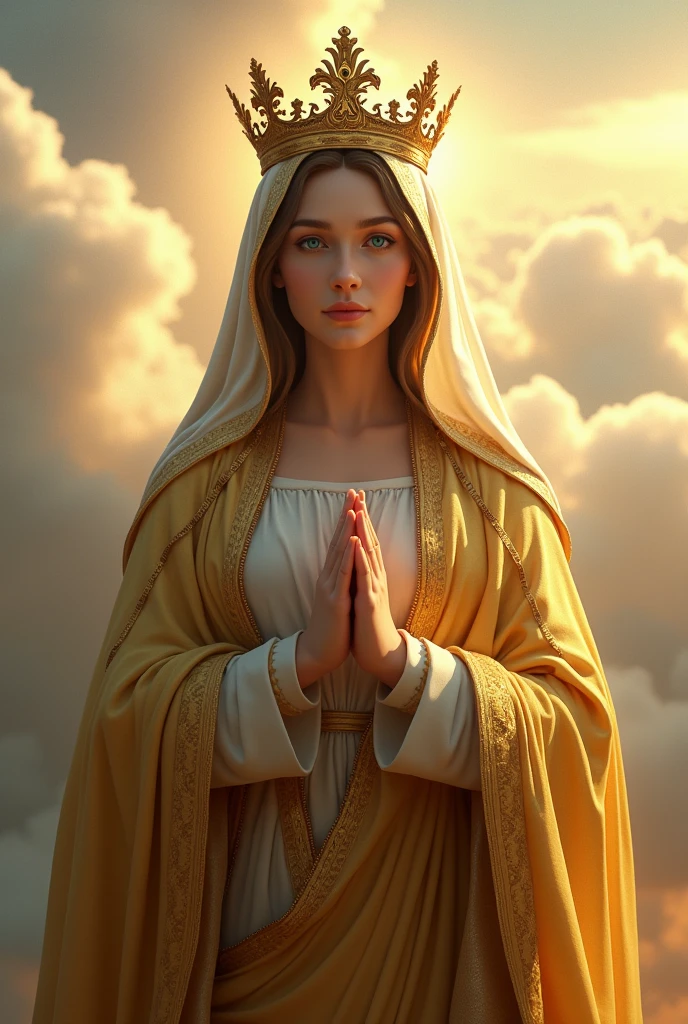 Perfect hand 5 finger, Portrait of a beautiful virgin mary wearing gold clothes of crown queen in the clouds, virgin mary, real blue eyes, sunny day, intricate details.real virgin mary, straight head face, Straight body.Prayer virgin mary, perfect full body, perfect hands finger,Prayer virgin mary, praying virgin mary backgrounds natural photographic
