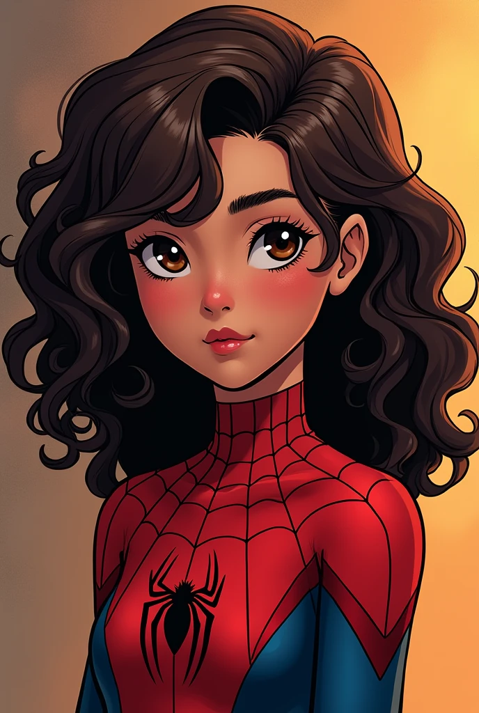 Spider-Man female version, chubby, big cheek, dark brown skin , upward slanting eyes. Long, wavy, dark brown hair. Cute anime style

