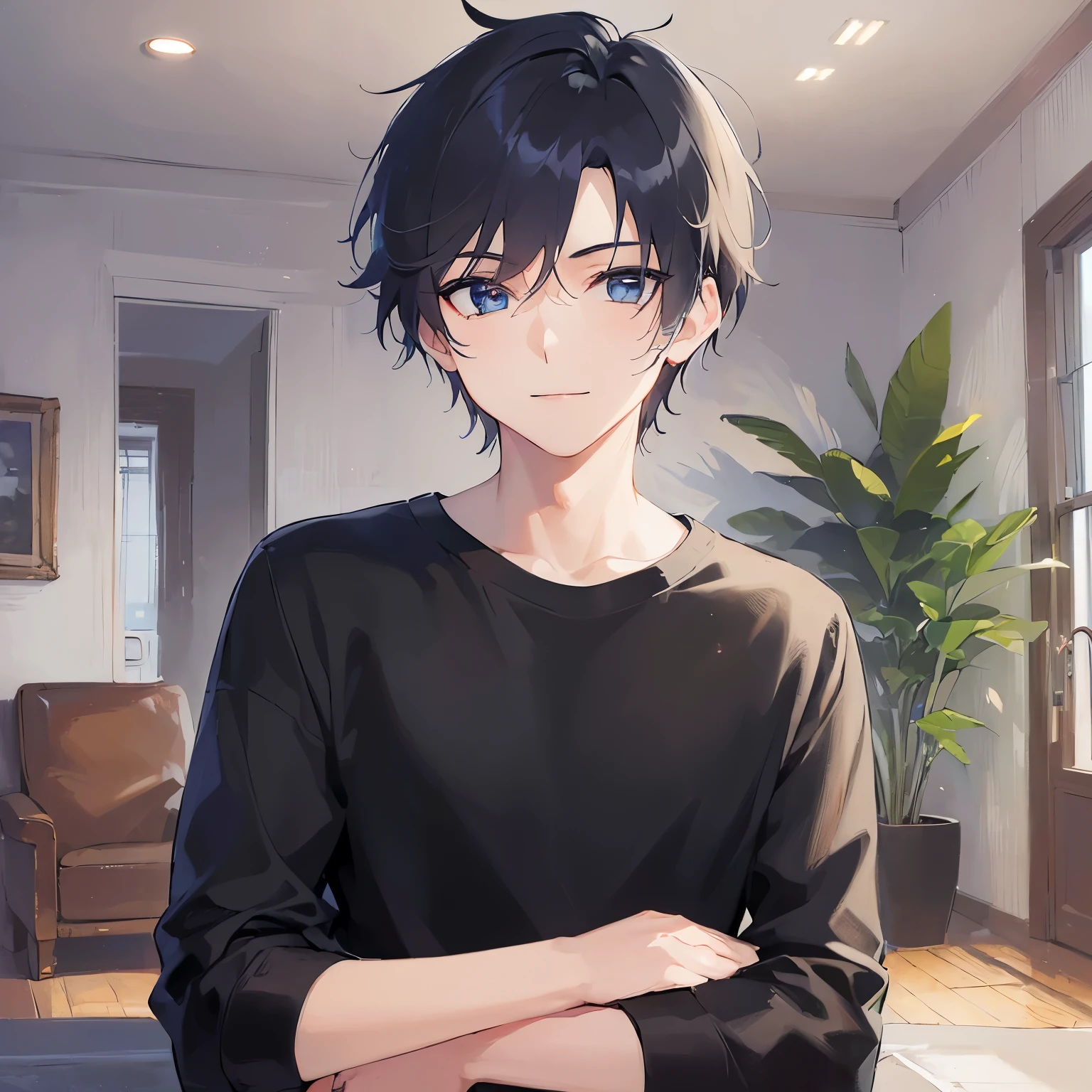 (looking at viewer:1.5),upper body,
shiny skin, masterpiece、Highest quality、
(25-year-old male:1.5) and (Black short hair) and (blue eyes),
Black long sleeve T-shirt smile.The background is the living room at night,(alone:1.5)