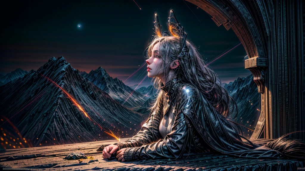 (Logo, Amazing, 8K, Tabletop, Raw Photo, Amazing, Top Quality, Photorealistic and Highly Detailed, CG, High Quality, Highly Detailed, Narrative Verse, Particle Effects, Dynamic Effects, Text Border the depth, bright cinematic lights, flares, sparks, glowing, raytracing, tabletop, realistic, ultra HD, fantasy), the wind, the beauty and brilliance of tall dramatic mountains and forests, the serenity and beauty of the world's grasslands and vast forest lands, Lakeside, wonderful scenery, beautiful natural scenery, night, starry sky, nebula, constellation, full moon, space, gorgeous, view, water, constellation, wonder, fantastic, meteor, magic, best illumination, best shadow