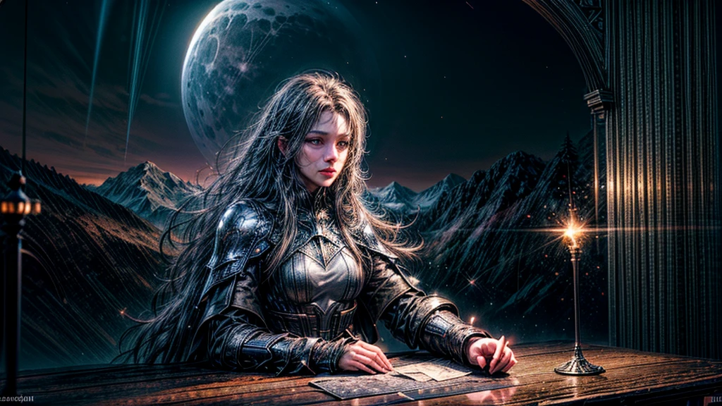 (Logo, Amazing, 8K, Tabletop, Raw Photo, Amazing, Top Quality, Photorealistic and Highly Detailed, CG, High Quality, Highly Detailed, Narrative Verse, Particle Effects, Dynamic Effects, Text Border the depth, bright cinematic lights, flares, sparks, glowing, raytracing, tabletop, realistic, ultra HD, fantasy), the wind, the beauty and brilliance of tall dramatic mountains and forests, the serenity and beauty of the world's grasslands and vast forest lands, Lakeside, wonderful scenery, beautiful natural scenery, night, starry sky, nebula, constellation, full moon, space, gorgeous, view, water, constellation, wonder, fantastic, meteor, magic, best illumination, best shadow
