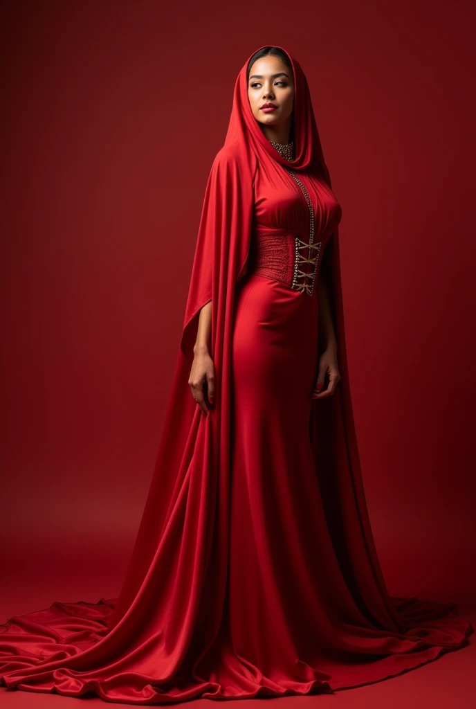 An alluring indonesia woman shrouded in a 8-meter-long, plush red satin cloth, tightly bound and grandly draping along the form of her body, flowing off into a pooled floor-length train, styled in a mermaid-inspired outfit, her head modestly veiled in a satin hijab,wear corset, truble when she walk with her outfit, full-body pose conveying a sense of elegance, captured in a 4k resolution, ultra-realistic