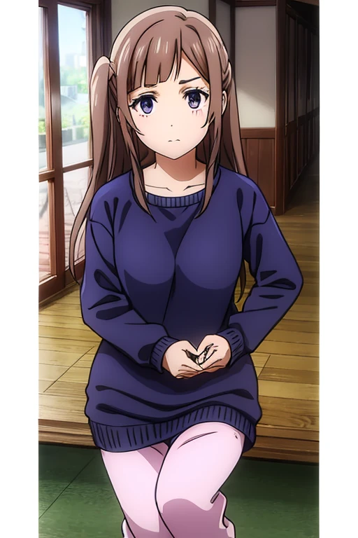 Tied Chocolate brown hair, lilac eyes, physical education clothing, red sweatpants, white blouse
