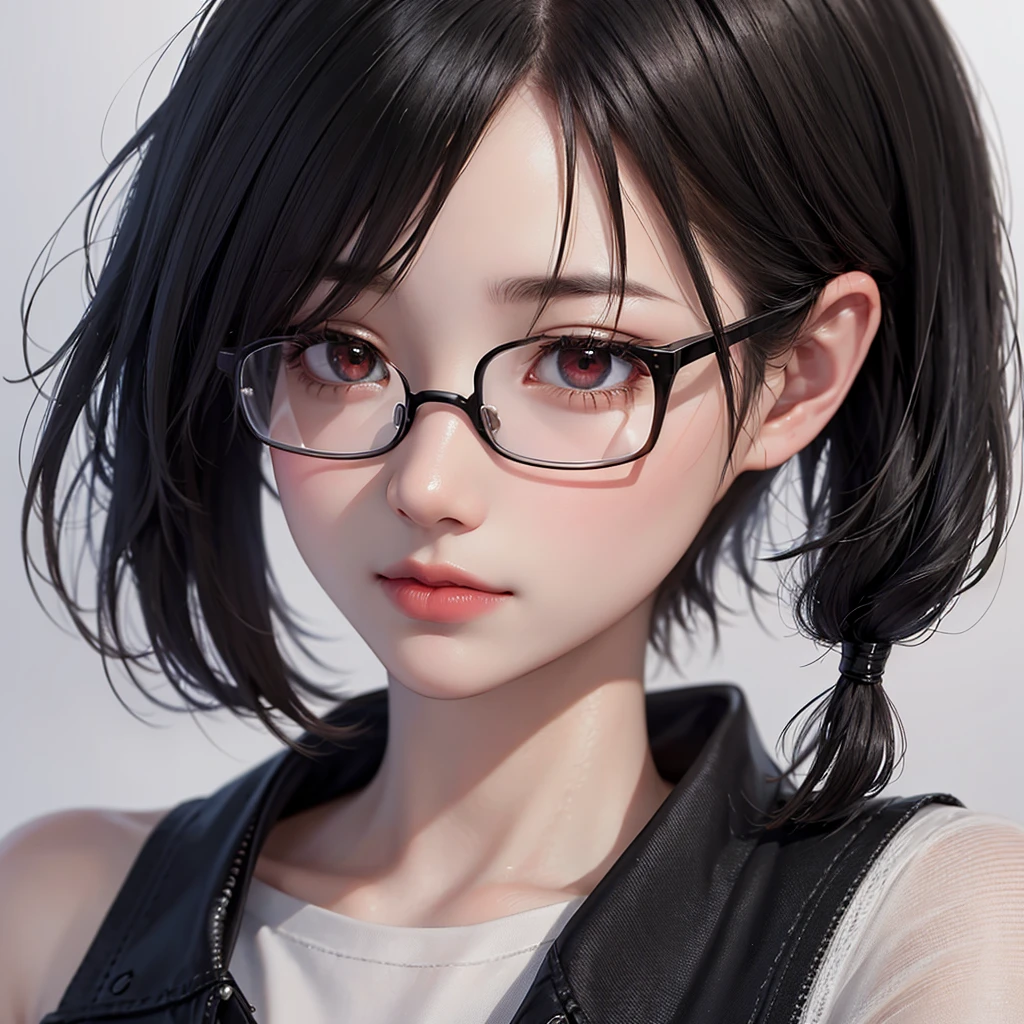 petite girl , qipao , nipple , Red Eyes , Black hair , nsfw , Short Cut , spectacled , portrait of a , Delicate and beautiful eyes , Black background