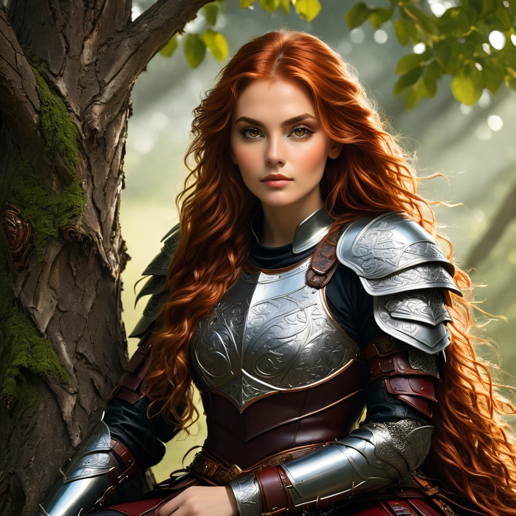 an image Nayane Laura Menequel XX weeks 13, a beautiful young woman with a friendly warrior appearance, detailed light honey eyes, long red hair, wearing leather armor sitting on a tree