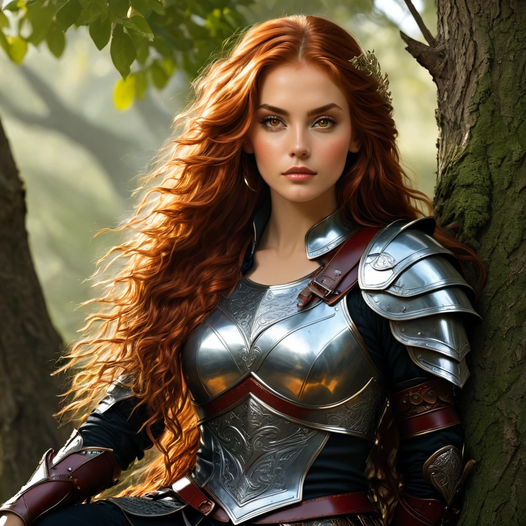an image Nayane Laura Menequel XX weeks 13, a beautiful young woman with a friendly warrior appearance, detailed light honey eyes, long red hair, wearing leather armor sitting on a tree
