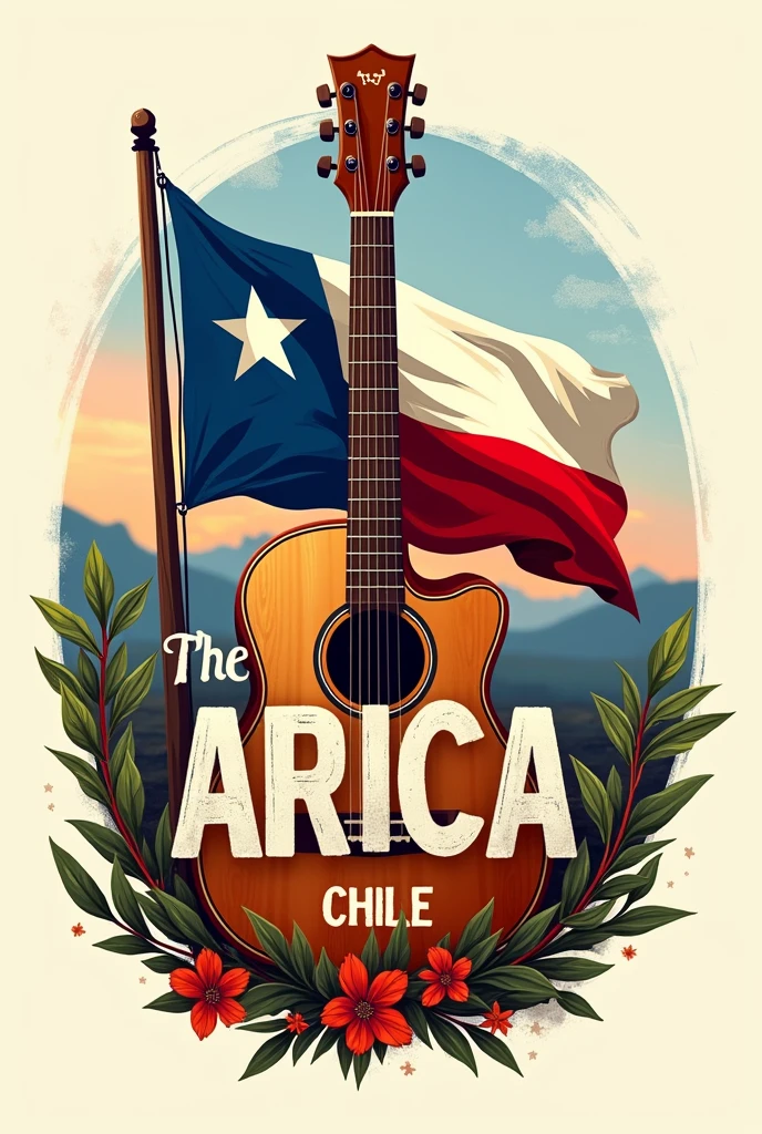 I need a logo that says "The Temucano Arica" (This text is the most important part of the logo), with the Chilean flag waving in the background and musical context, specifically acoustic guitar.