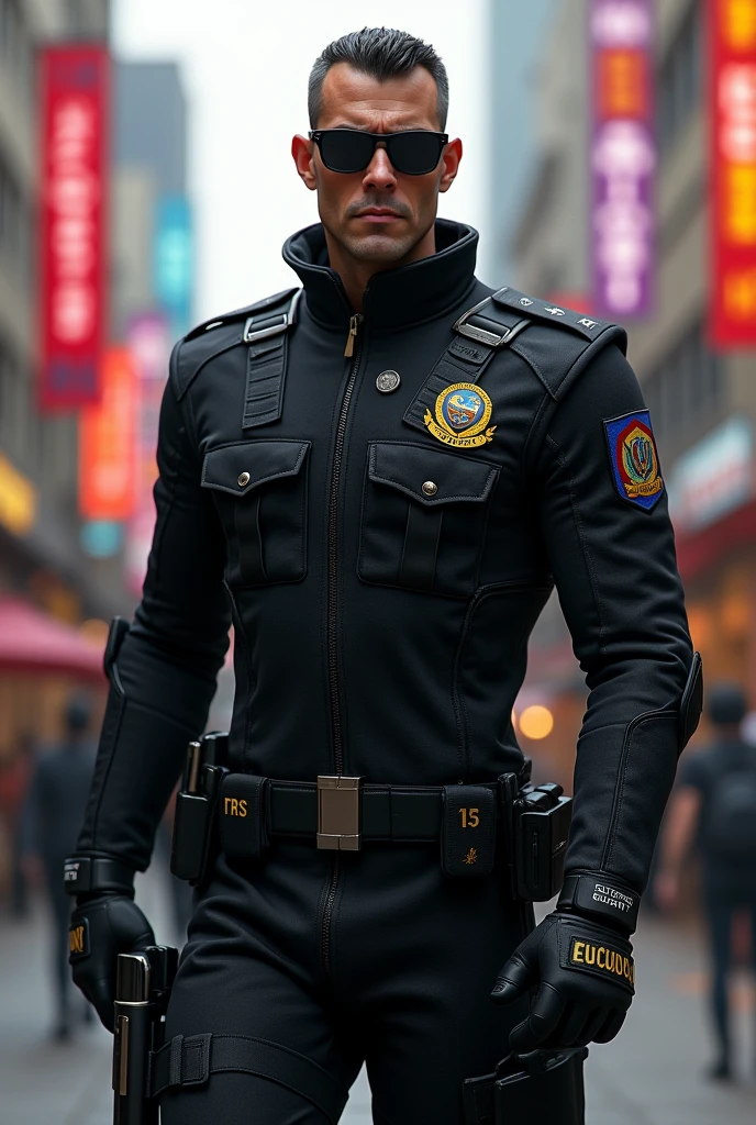 Tactical security man, 4k, HD, Disney Pixar in black uniform with the word "Elite Security" and stamp of Ecuador, black glasses on the streets 