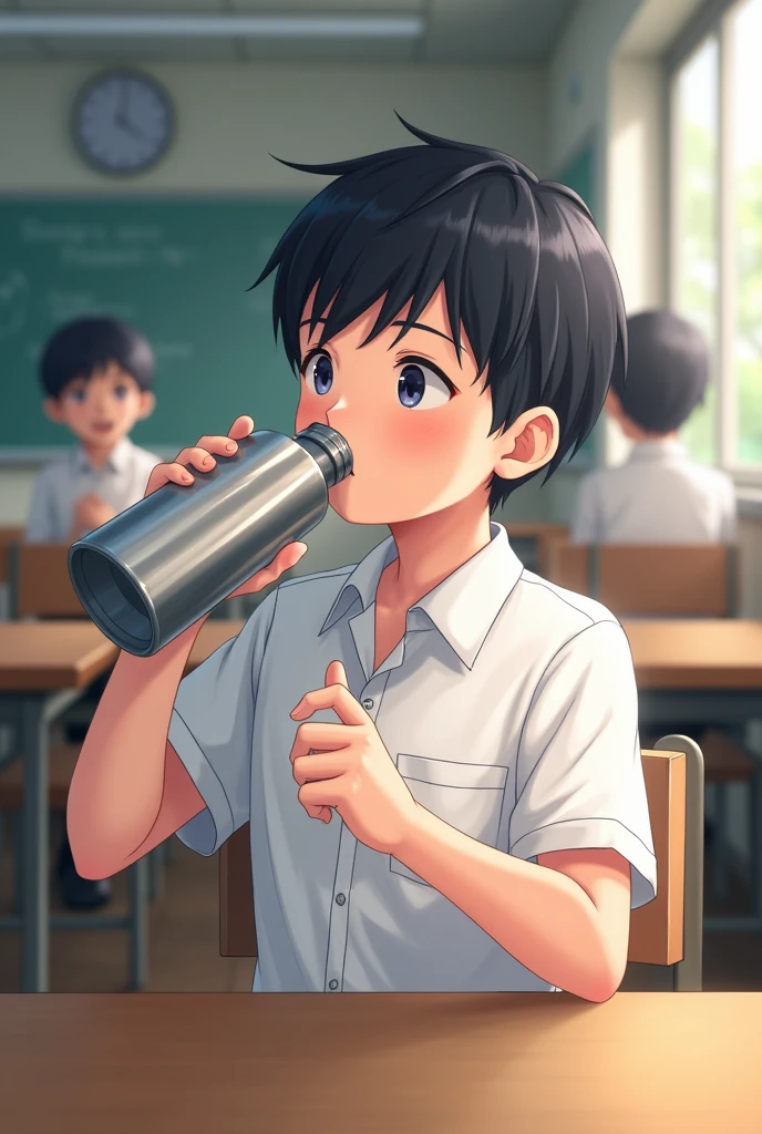 A school boy drink water from metal
 bottle with white uniforms sitting inside the classroom 