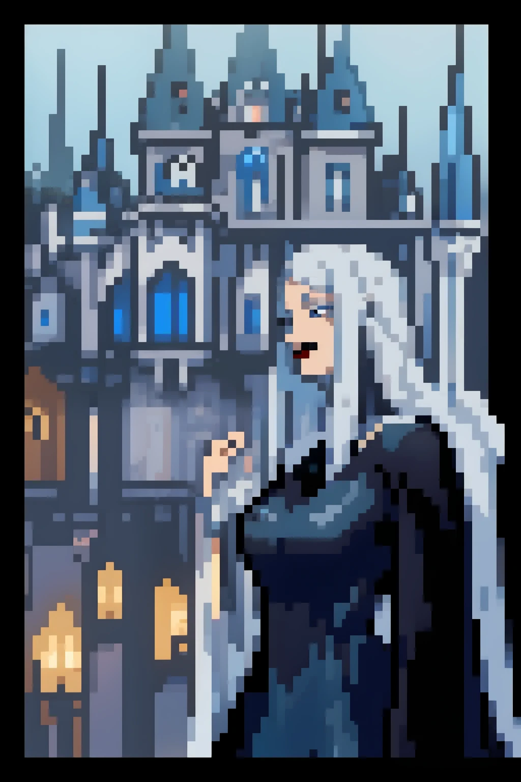 carmilla, medium breasts, black dress. by white, beautiful face, blue eyes, (masterpiece1.2), Best Quality, absurdities, High resolution, extremely detailed wallpaper, perfect lighting, from below, blue eyes, castillo, view of the castle, outdoors, de evening, evening, at night