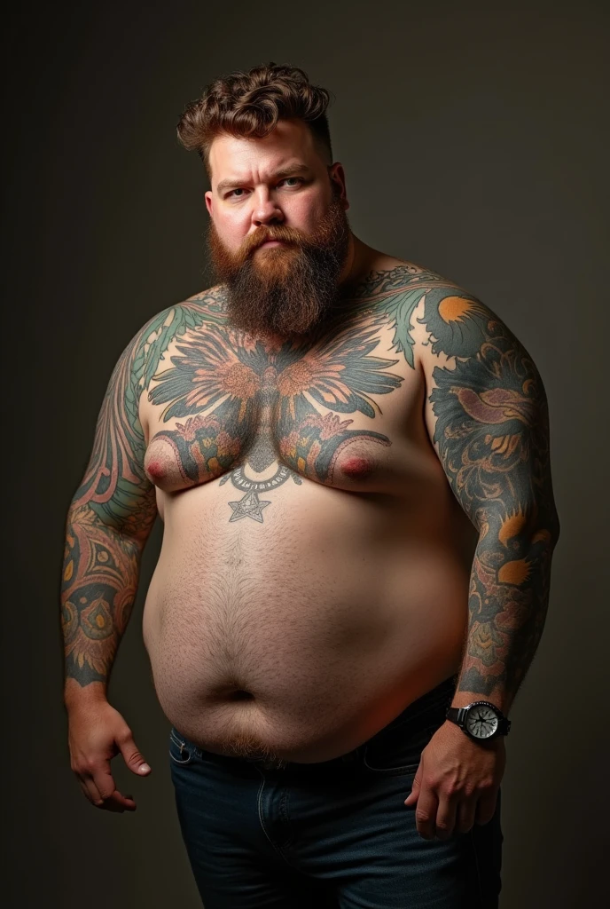 Obese man masturbating shirtless, all tattooed with a brown beard and curly bangs