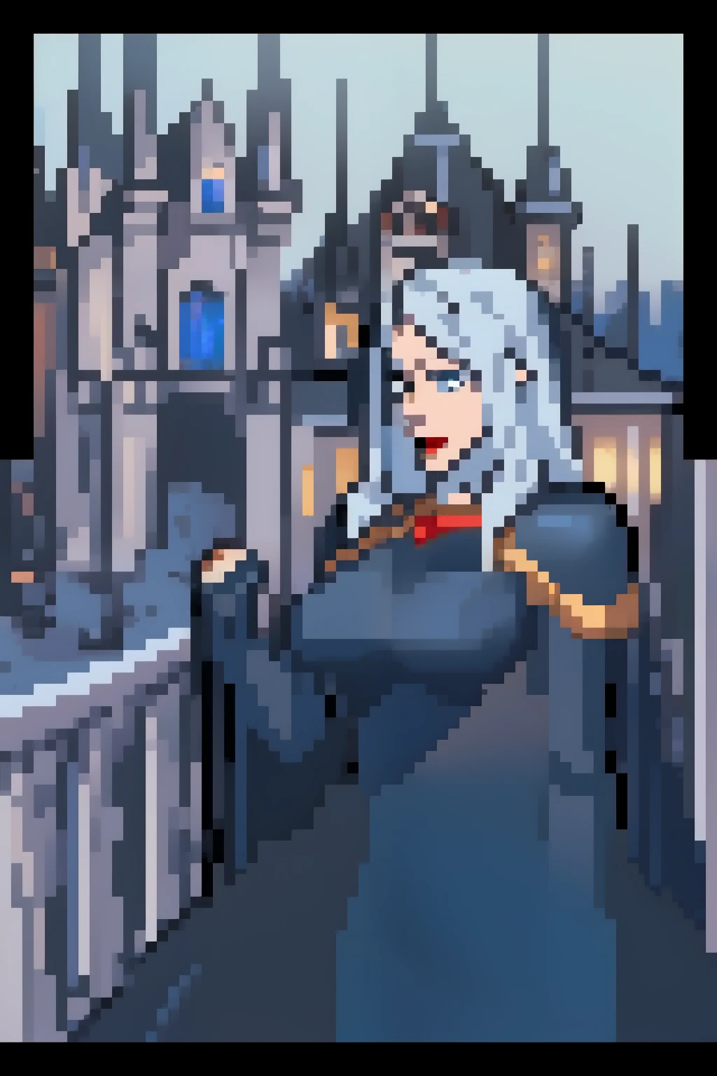 carmilla, medium breasts, black dress. by white, beautiful face, blue eyes, (masterpiece1.2), Best Quality, absurdities, High resolution, extremely detailed wallpaper, perfect lighting, from below, blue eyes, castillo, view of the castle, outdoors, de evening, evening, at night