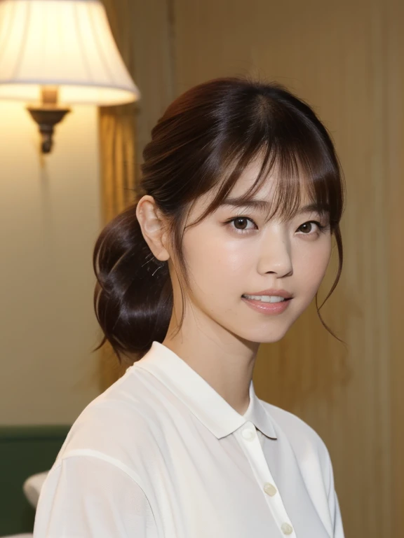 Masterpiece, Best quality, 8K:1.3), (Ultra realistic, Photo-realistic:1.2), From above, From side, (All fours:1.1), (Seductive pose:1.1), Natural light, 28 years old actress, Japanese women, Neat and clean, (Wearing white tennis uniform, White short-sleeve polo shirt:1.3), (unbutton polo shirt:1.3), (White tennis mini skirt:1.3), White sock, (Beautiful thighs:1.1), (ponytail:1.2), (Short wavy hair:1.1), Light brown hair color, (Beautiful Face), Oval face, clear, Beautiful eyes, Kind eyes, Bedroom eyes, (Clear skin), Natural makeup, Small face, Small mouth, Beautiful mouth, Approachable, Hotel Suite room, On bed, Seductive smile, Shy,