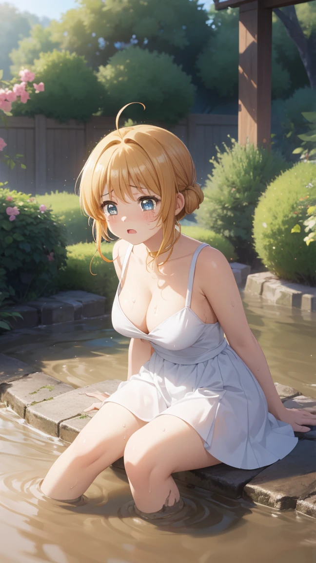 masterpiece, best quality, highres, 1girl, detailed face, blush, anime CG style, (medium breasts), (18 year old girl:1.3), (aged up), good lighting, perfect body, sakura kinomoto, glossy lips, white dress, cleavage, (curvy), garden, (sinking in mud), (upset), tears on cheeks, partially submerged, mostly submerged, sinking to her waist