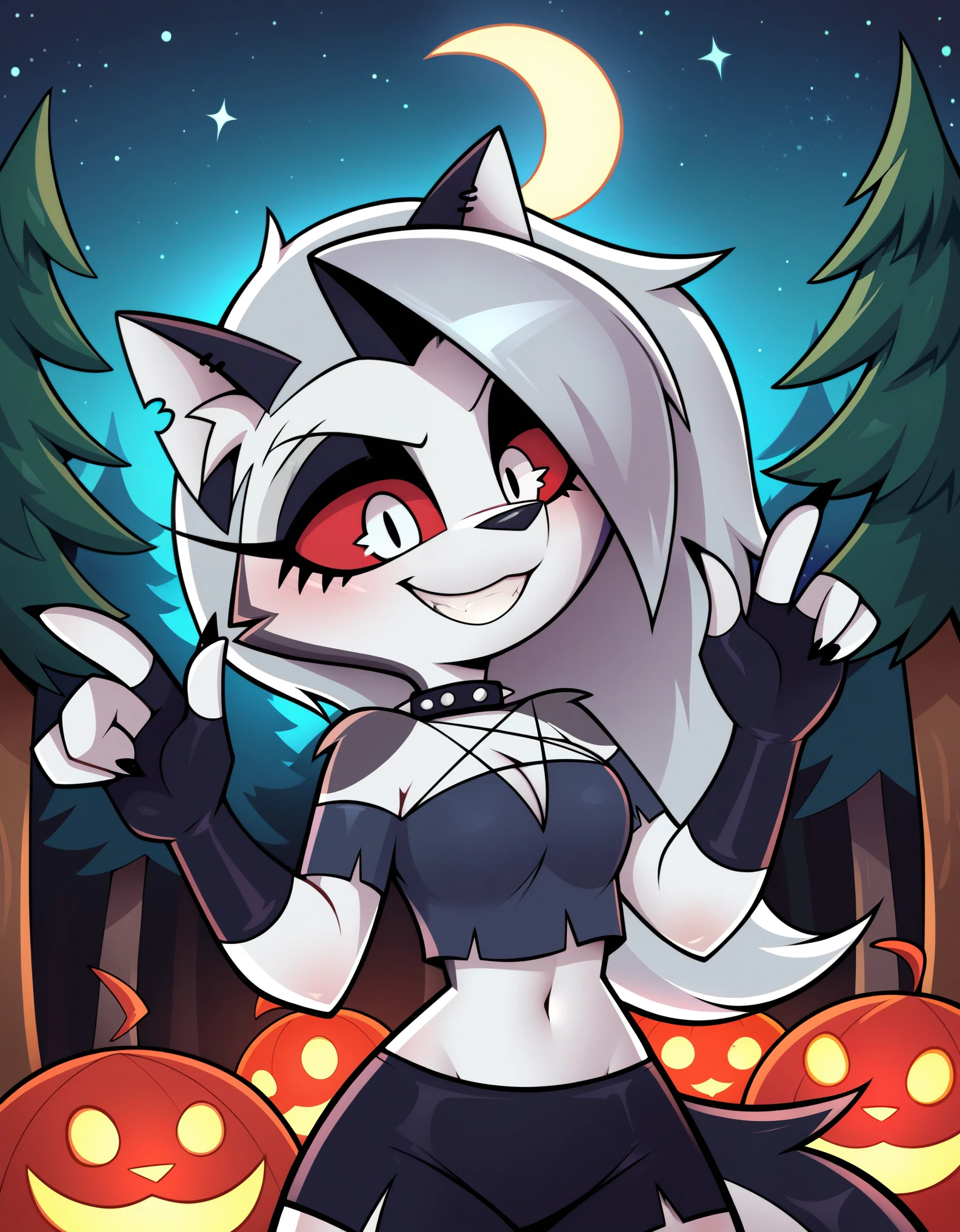 score_9_up, score_8_up, score_7_up,  rating_safe, furry, anthro, solo, loona(jizokumode), hellhound, red sclera, loona (helluva boss), tanktop, fingerless gloves, excited, blep, forest, night, stars, crescent moon, solo, forced smile, 4 fingers, inverted pentagram,