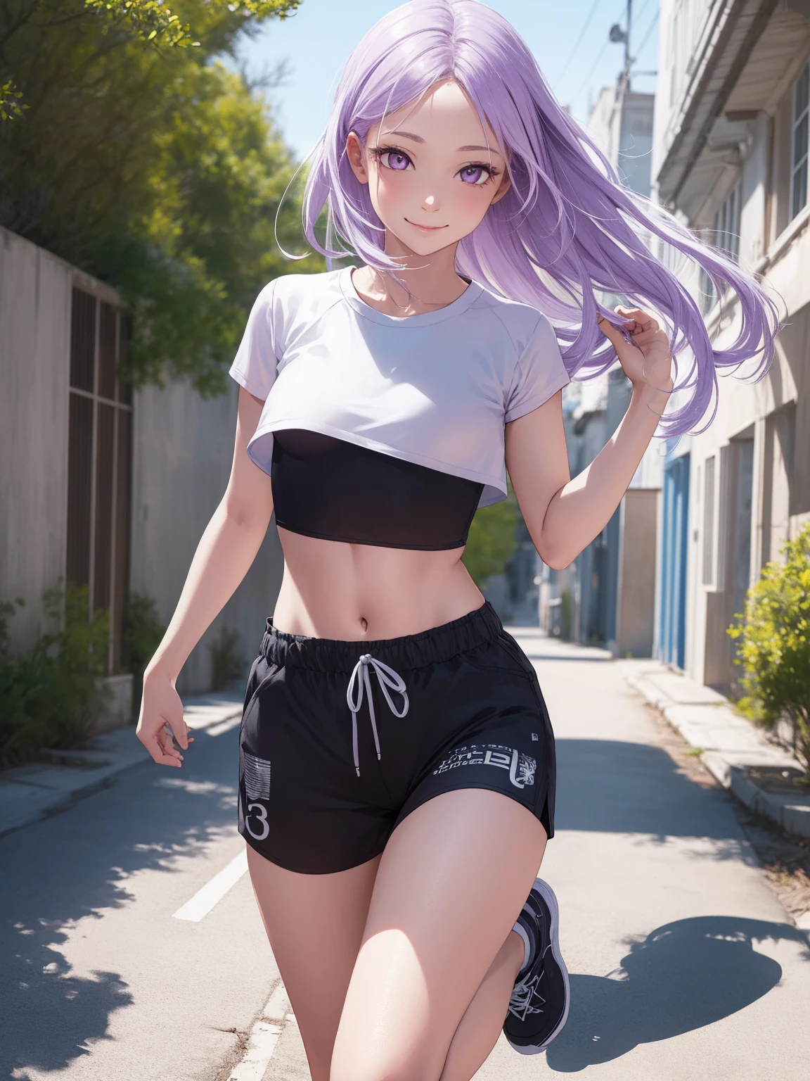 (extremely detailed CG unity 8k wallpaper),(masterpiece),(best quality),(ultra-detailed),(best illustration),(best shadow),1girl, solo, purple eyes, looking at viewer, long hair, closed mouth, purple hair, bangs, outdoors, sidelocks, pale skin, no pupils, pretty, full body, wearing a white cropped t-shirt, black shorts, small breasts, 34 years old, adult, smiling, hair down, mature, athletic shorts, crop top