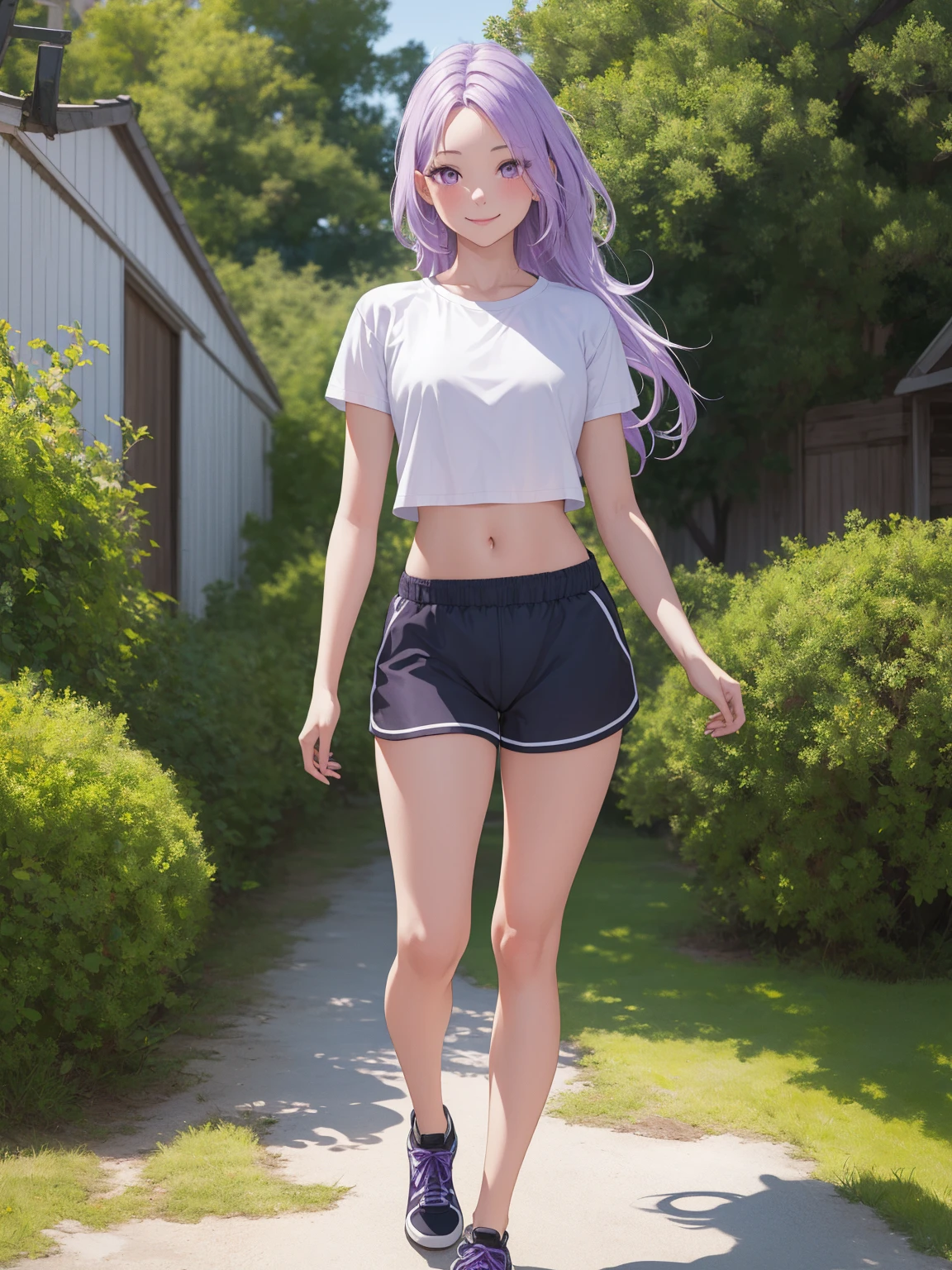 (extremely detailed CG unity 8k wallpaper),(masterpiece),(best quality),(ultra-detailed),(best illustration),(best shadow),1girl, solo, purple eyes, looking at viewer, long hair, closed mouth, purple hair, bangs, outdoors, sidelocks, pale skin, no pupils, pretty, full body, wearing a white cropped t-shirt, black shorts, small breasts, 34 years old, adult, smiling, hair down, mature, athletic shorts, crop top