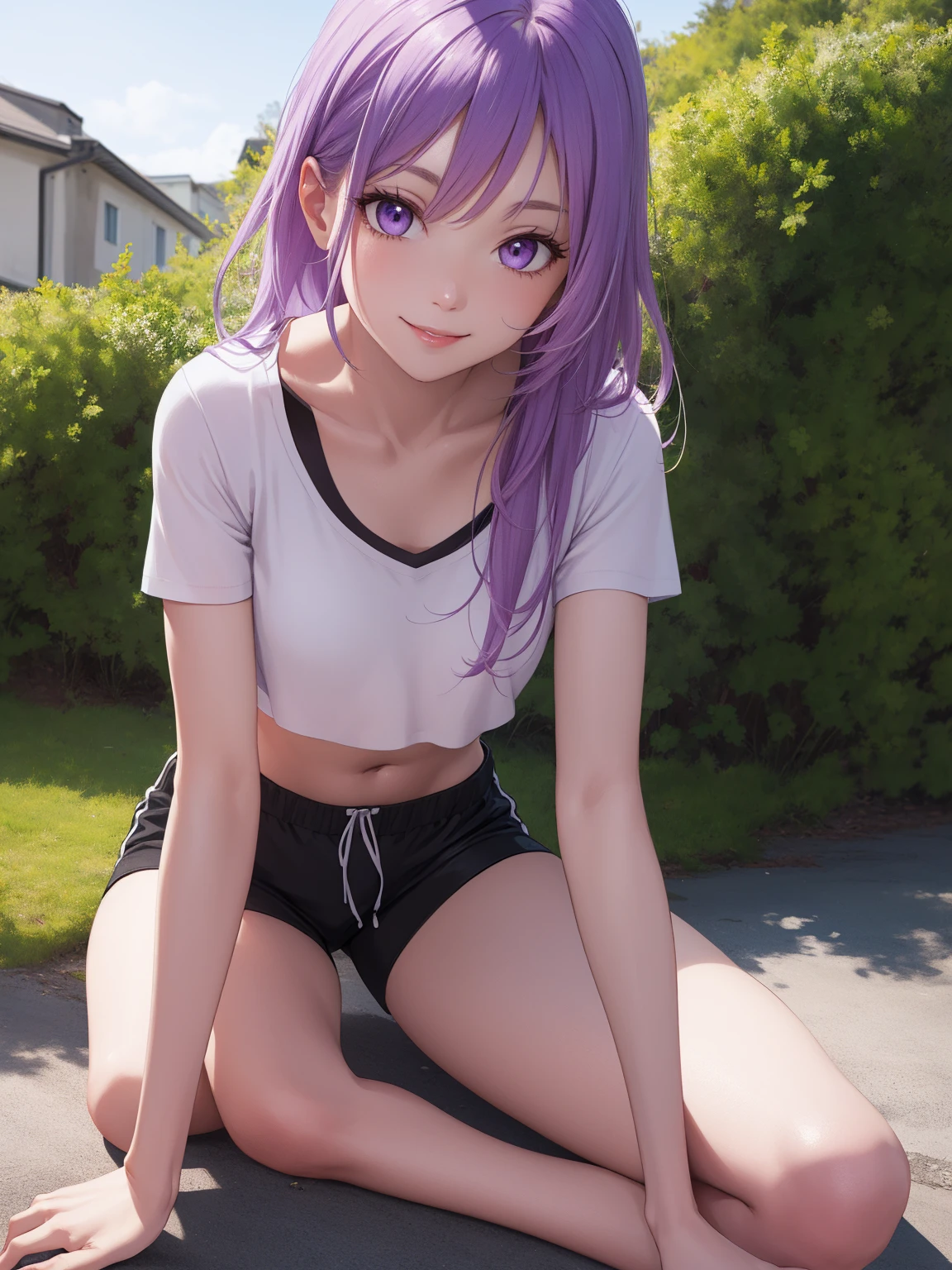 (extremely detailed CG unity 8k wallpaper),(masterpiece),(best quality),(ultra-detailed),(best illustration),(best shadow),1girl, solo, purple eyes, looking at viewer, long hair, closed mouth, purple hair, bangs, outdoors, sidelocks, pale skin, no pupils, pretty, full body, wearing a white cropped t-shirt, black shorts, small breasts, 34 years old, adult, smiling, hair down, mature, athletic shorts, crop top