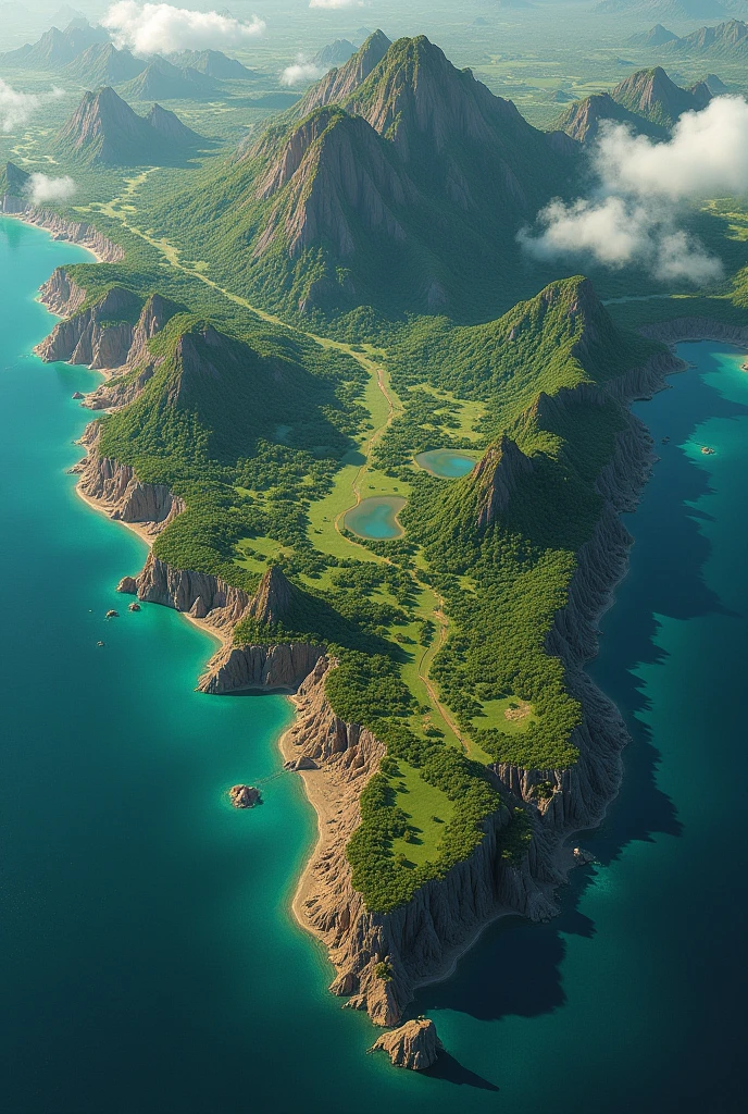 Fictional map whose shape is similar to the American continent and which contains a gigantic forest to the south, It must also contain forests and lakes, mountain formations, deserts, forest patches, mountains, and a desert