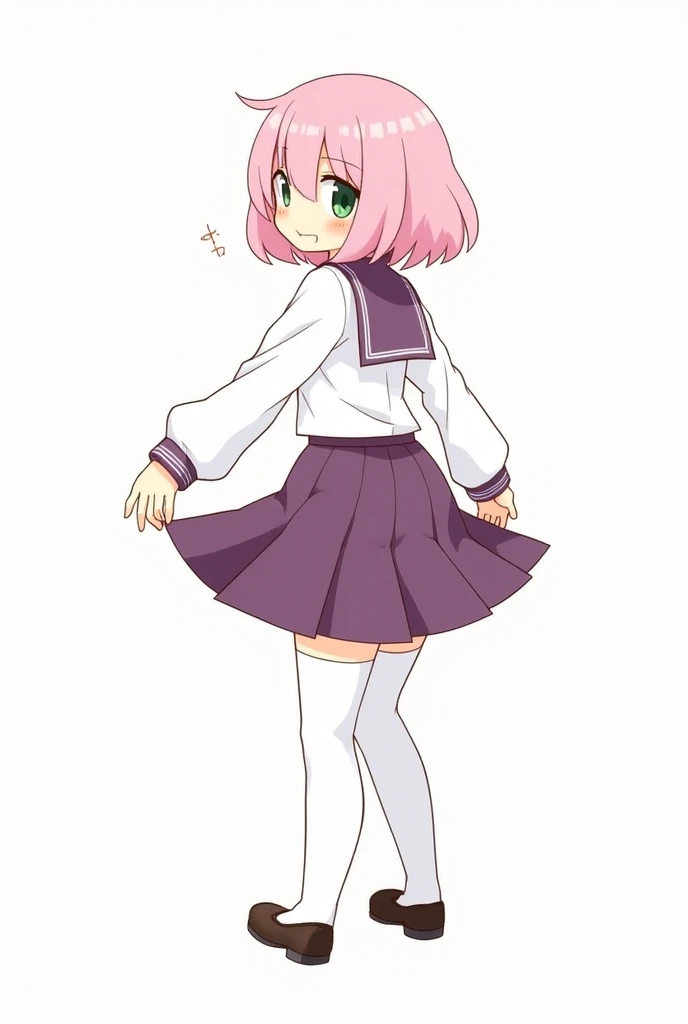 1girl, full body, ahoge, anus, anya \(spy x family\), ass, blush, clothes lift, eden academy school uniform, from behind, green eyes, long sleeves, looking at viewer, looking back, no panties, pink hair, presenting, pussy, school uniform, short hair, skirt, smile, solo, spread ass, thighhighs, uncensored, white thighhighs 