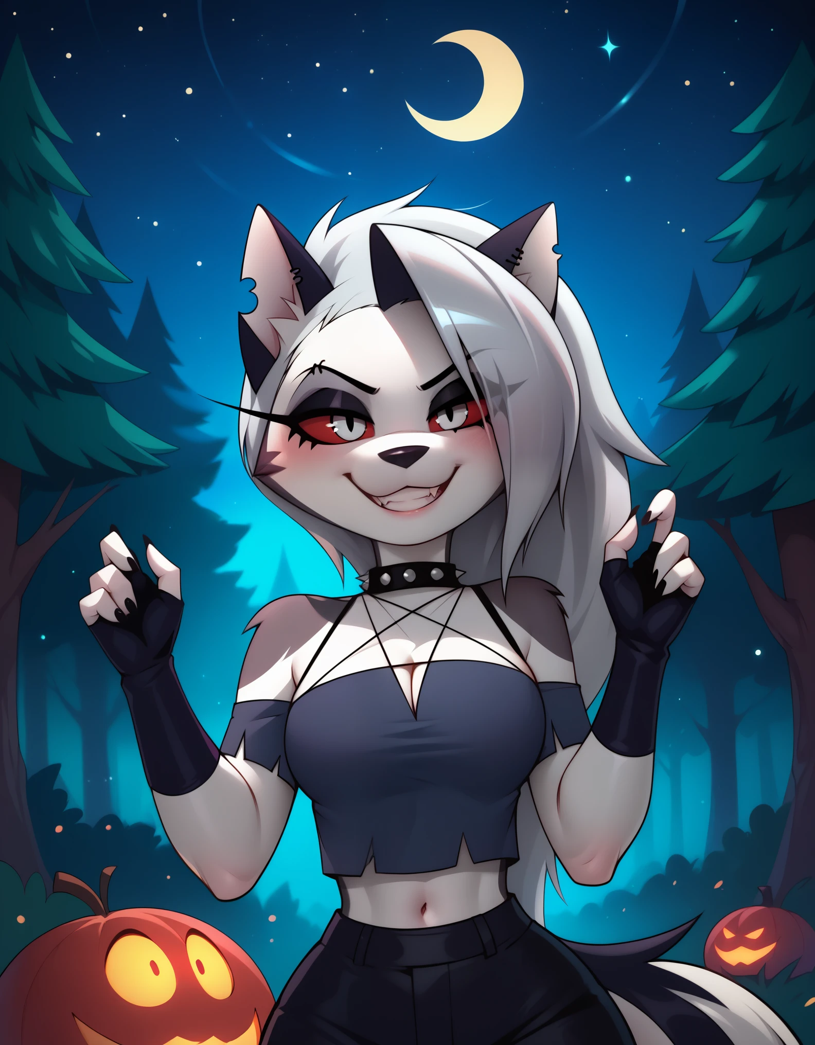 score_9_up, score_8_up, score_7_up, rating_safe, furry, anthro, solo, loona(jizokumode), hellhound, red sclera, loona (helluva boss), tanktop, fingerless gloves, excited, blep, forest, night, stars, crescent moon, solo, forced smile, 4 fingers, inverted pentagram,