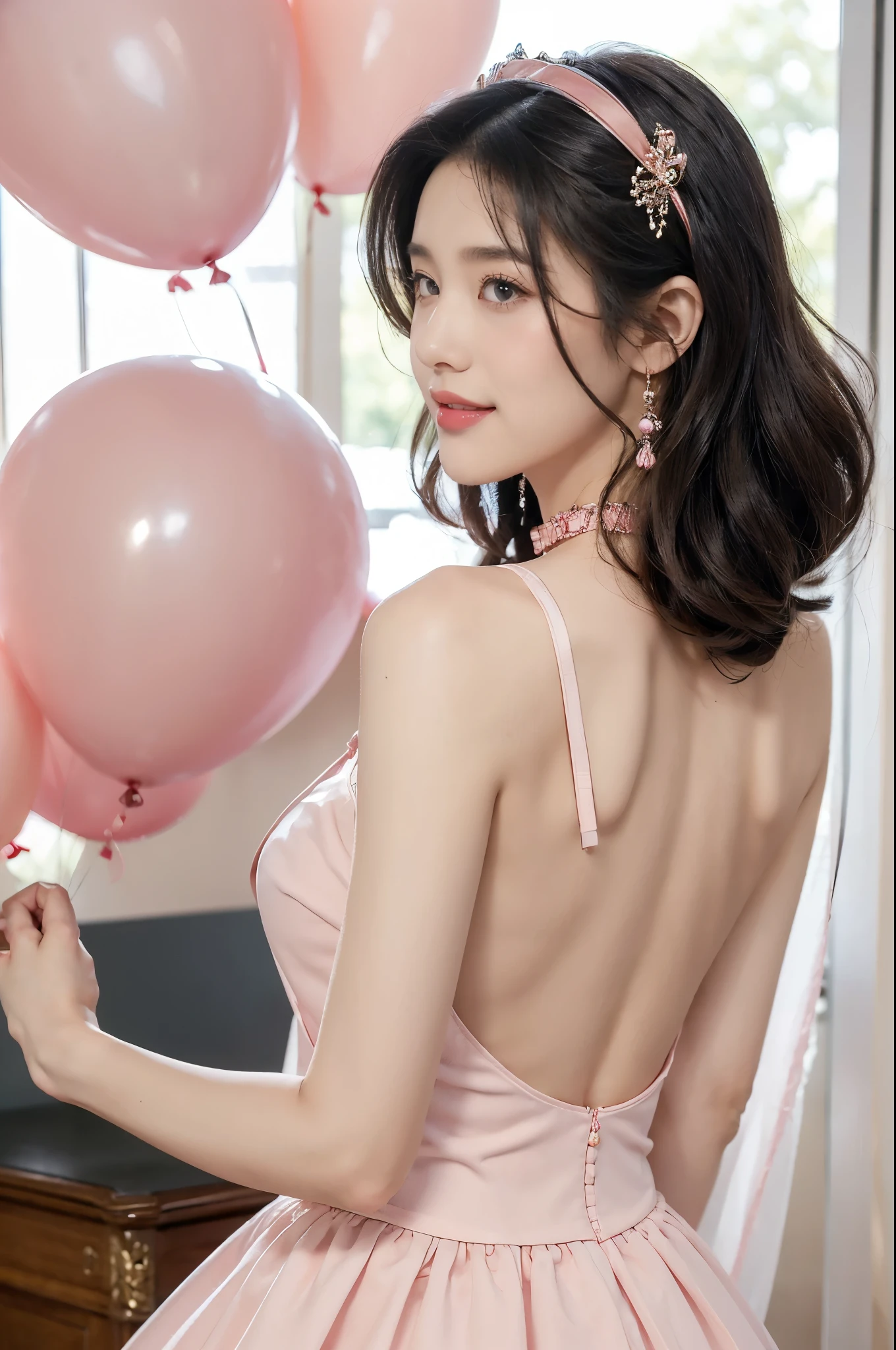 (((best quality))),(((ultra detailed))),(((masterpiece))),illustration,((1girl,solo)),(shoulder-length straight bob:1.2),(black hair:1.3),((bright eyes,flawless skin)),((slim,thin)),((bare back,towering hips,butt crack)),(dog collar with a bell:1.2),(pink sheer dress:1.3),innocent yet alluring,(In a pink princess theme bedroom:1.3),(standing:1.3),(colorful gift box:1.3),wonderful expression,big bows,festive atmosphere,balloons and streamers,sunlight streaming in,radiant smile,anticipation,joy and excitement,capturing a moment of pure happiness,((from back,upper body))