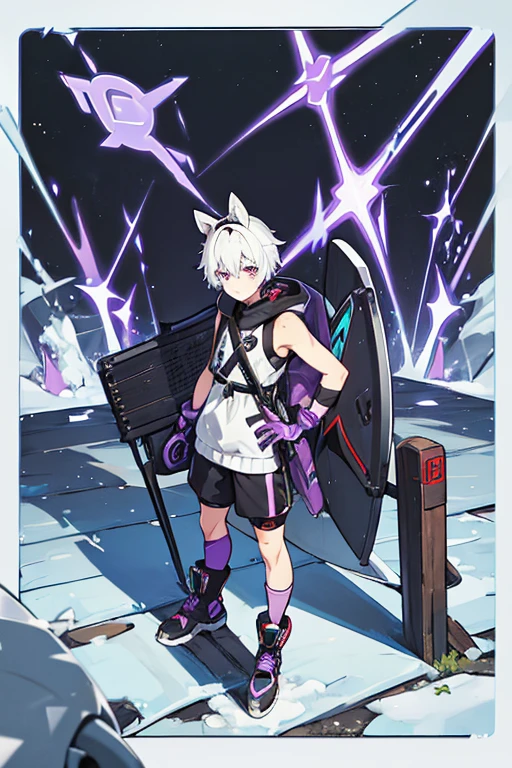 man, gay, short white hair bear ears,purple eyes, motocross goggles , with robotic left arm, black sleeveless shirt, Morados shorts, long tights, with a sweater around my waist, long black gloves, black boots, with a spiked collar