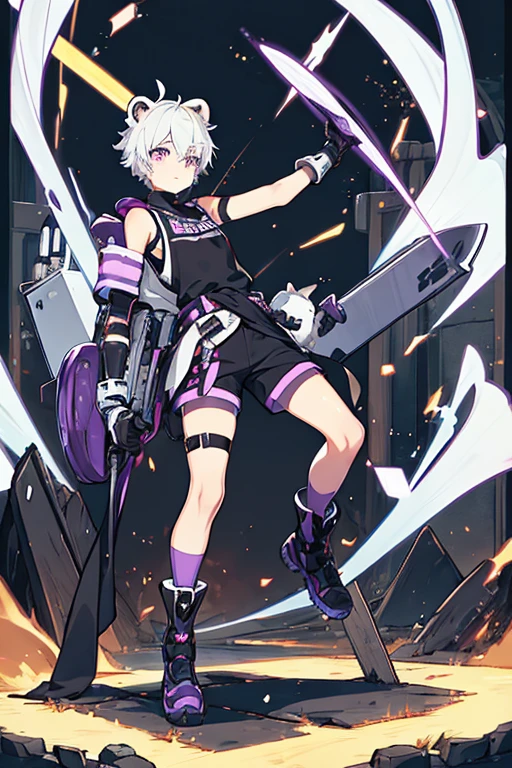 man, gay, short white hair bear ears,purple eyes, motocross goggles , with robotic left arm, black sleeveless shirt, Morados shorts, long tights, with a sweater around my waist, long black gloves, black boots, with a spiked collar