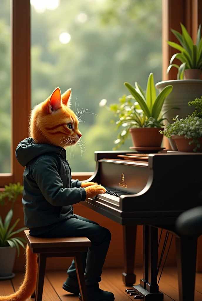 Humanoid orange cat playing a song in front of a professional piano ,in front of a window through which you can see an interior garden ,,He has a black or grey waterproof urban warm jacket and urban pants., he is playing the piano... He looks tender and youthful at the same time ,It's a nice cat