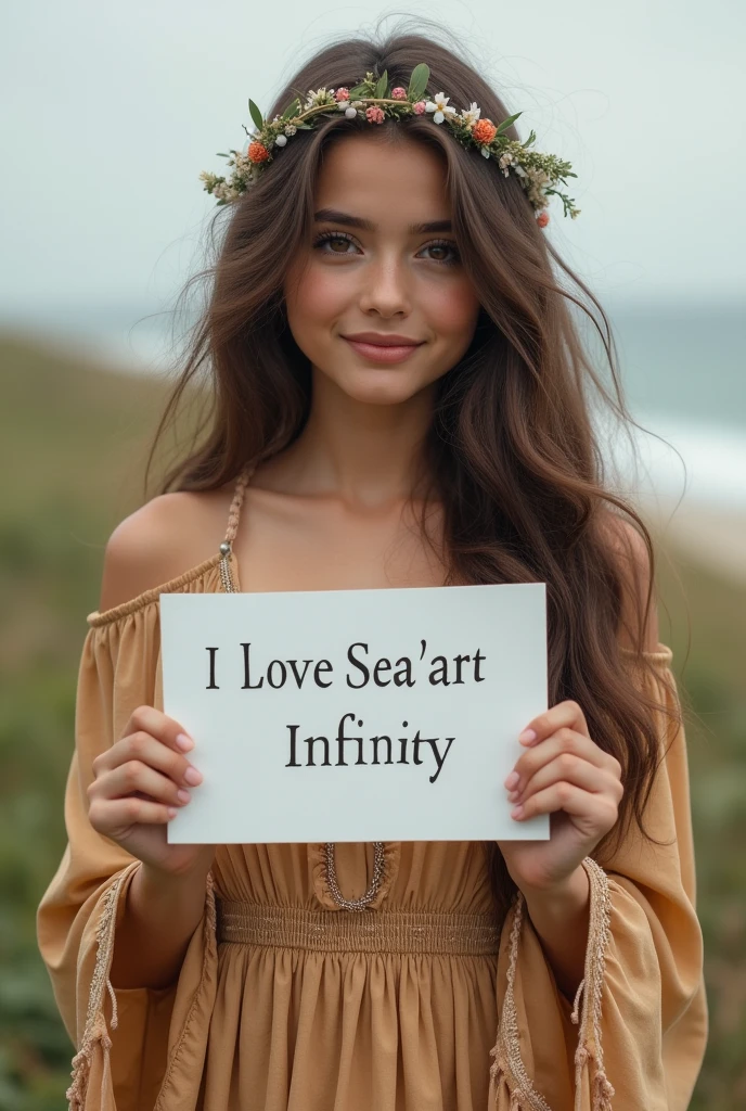 Beautiful girl with wavy long hair, bohemian dress, holding a white board with text "I Love Seaart Infinity" and showing it to the viewer