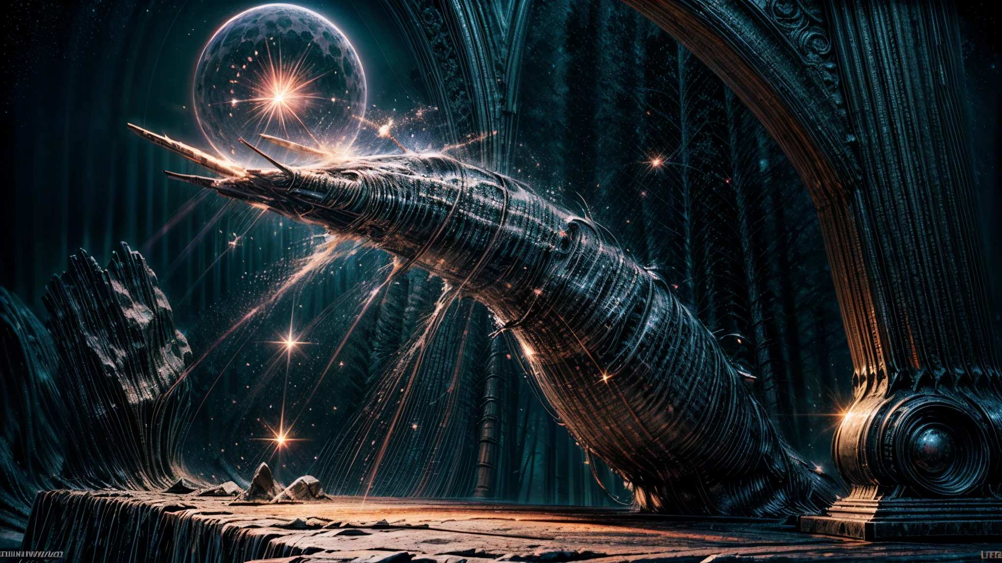 (Logo, Amazing, 8K, Tabletop, Raw Photo, Amazing, Top Quality, Photorealistic and Highly Detailed, CG, High Quality, Highly Detailed, Narrative Verse, Particle Effects, Dynamic Effects, Text Border the depth, bright cinematic lights, flares, sparks, glowing, raytracing, tabletop, realistic, ultra HD, fantasy), the wind, the beauty and brilliance of tall dramatic mountains and forests, the serenity and beauty of the world's grasslands and vast forest lands, Lakeside, wonderful scenery, beautiful natural scenery, night, starry sky, nebula, constellation, full moon, space, gorgeous, view, water, constellation, wonder, fantastic, meteor, magic, best illumination, best shadow