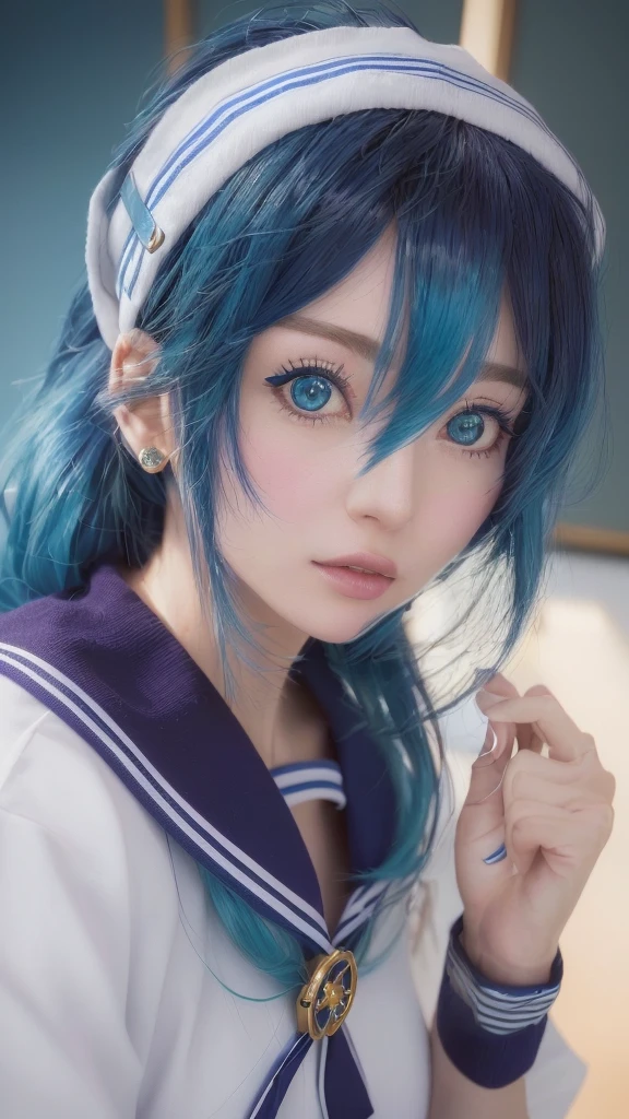 Image of a woman in her 50s with blue hair and a sailor suit, Real life anime girls, Anime Girl Cosplay, photoRealistic Anime, Inspired by anime, Realistic Anime 3 d style, Realistic young anime girl, hyper Realistic Anime, Anime Style. 8k, Realistic Anime, 2 d Anime Style, beautiful Anime Style, Anime Cosplay, Beautiful anime school girl