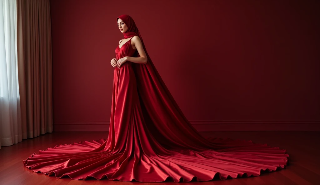 Captivating, elegant woman is engendered in a cascade of four-meter-long, ruby-red, plush satin fabric. The material clings tightly to her figure, spreading out into a pooled train at her feet, mimicking a mermaid's tail. A satin hijab cloaks her head, in bed room, revealing only a hint of her upper body. This full-body portrait radiates a mythical sophistication. Wrapped, eth